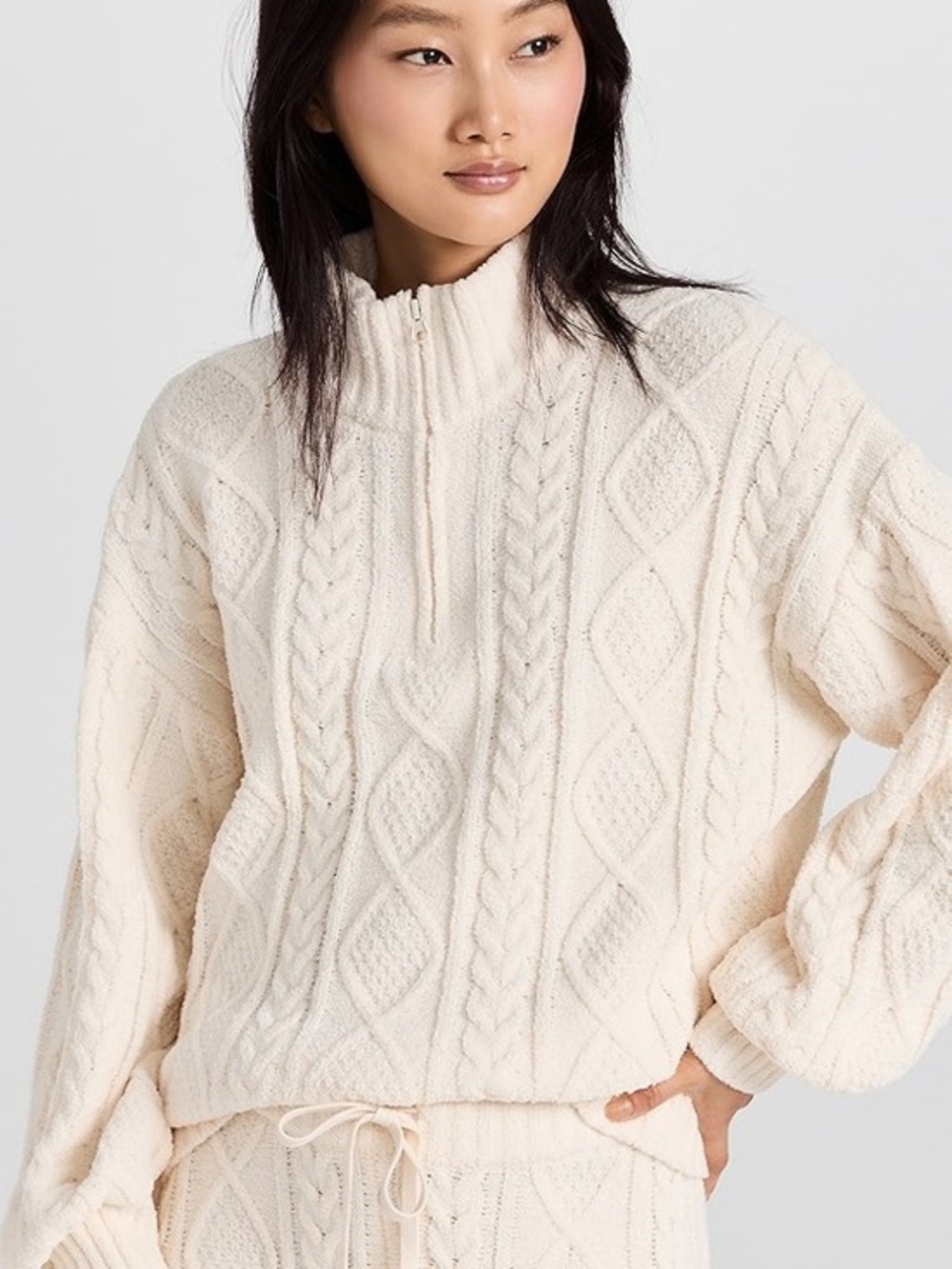 PJ Salvage Long Sleeve Pine Woods Top Cream Cable-Knit Half-Zip Sweater